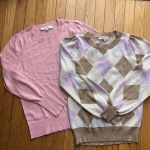 Lot Of 2 LOFT SMALL Knit Sweater Puffed Shoulder MINT Preppy Puffed Shoulder